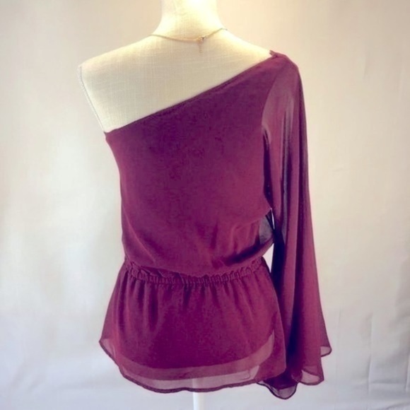 WILSTER Women’s One Shoulder Burgundy Flowy Peplum Sheer Blouse Top (size Small) - Picture 5 of 9